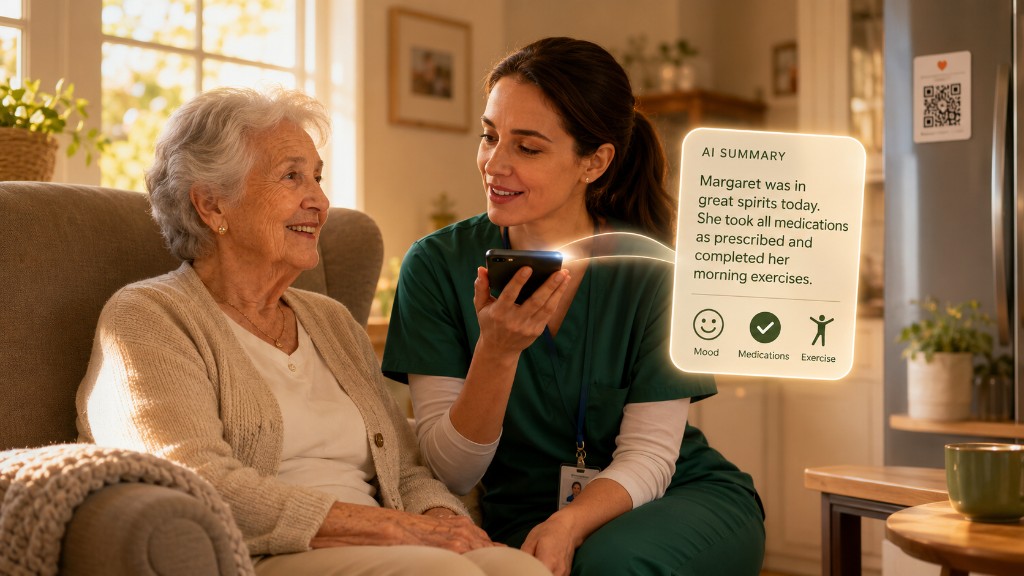 Caregiver recording a voice note after visiting an elderly patient at home