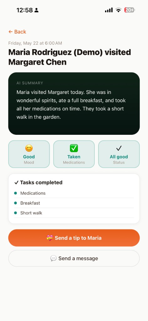 HearthMeet family visit summary screen